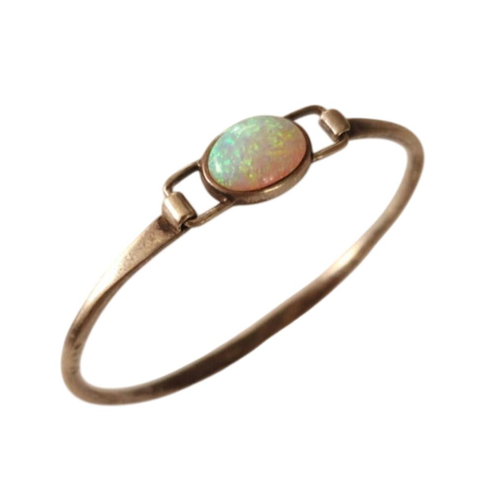 Vintage Sterling Silver Lab Created Opal Bangle Bracelet 925 NF 6.5 Inch
​